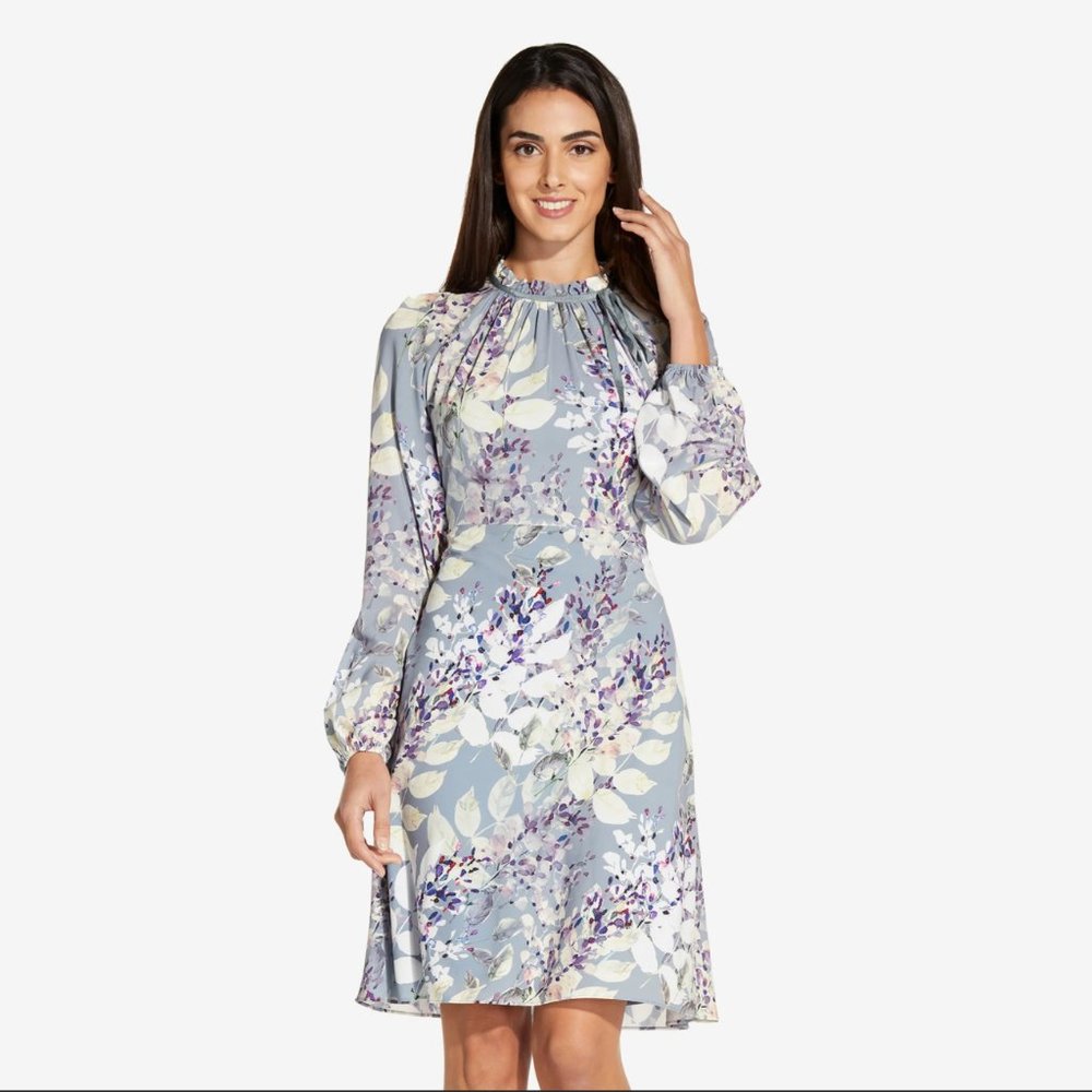 NWT Adrianna Papell Grey Floral Long Sleeve Dress